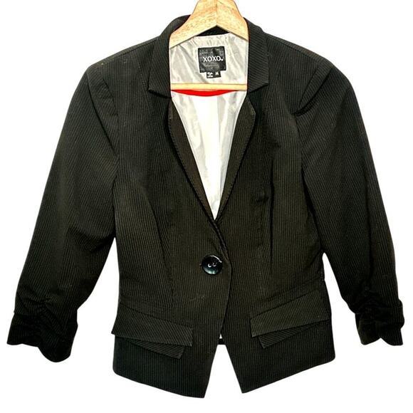 Y2K XOXO Black Pinstripe Gathered 3/4 Sleeves One Button Jacket Blazer Size M - Picture 1 of 7